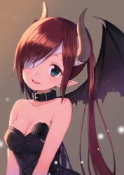 Rule 34 | 1girl, bandage over one eye, bandages, bare shoulders, black flower, black rose, blush, breasts, cleavage, collar, demon girl, demon horns, demon wings, fang, flower, gradient background, green eyes, horns, long hair, looking at viewer, midorikawa you, open mouth, original, pointy ears, red hair, revision, rose, smile, solo, upper body, wings