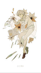 Rule 34 | 1boy, blouse, book, broken, broken plate, brown footwear, clematis (flower), flower, full body, highres, looking at viewer, male focus, neck tattoo, norman (yakusoku no neverland), number tattoo, orange flower, pants, pen, plate, profile, red flower, shirt, short hair, solo, sweater, tattoo, white background, white flower, white hair, white pants, white shirt, white sweater, yakusoku no neverland, zero (jckz2334)