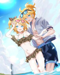 Rule 34 | absurdres, adjusting eyewear, ahoge, aqua nails, arm scrunchie, bikini, black male swimwear, blonde hair, blue-tinted eyewear, blue eyes, blue sky, blurry, blurry background, bow, breasts, brown bikini, brown bow, cloud, dark-skinned male, dark skin, dutch angle, eyewear on head, frilled bikini, frills, grey hoodie, hair bow, hair ornament, hairclip, high ponytail, highres, hood, hood down, hoodie, kagamine len, kagamine rin, lighthouse, looking at viewer, male swimwear, medium hair, midriff, narrow waist, navel, ocean, open mouth, pale skin, pink-tinted eyewear, side ponytail, skinny, sky, small breasts, smile, soaking feet, splashing, sun, sunglasses, swept bangs, swim trunks, swimsuit, tan, tinted eyewear, toned, toned male, v, vocaloid, w, water drop, yukihane (snowowl515)