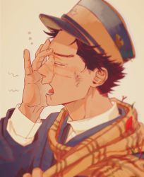 Rule 34 | 1boy, blush, brown eyes, brown hair, collared jacket, facial scar, from side, golden kamuy, hat, highres, imperial japanese army, jacket, kepi, long sleeves, male focus, military, military hat, military uniform, scar, scar on cheek, scar on face, scar on mouth, scar on nose, short hair, simple background, solo, spiked hair, sugimoto saichi, tonta (tonta1231), uniform, upper body