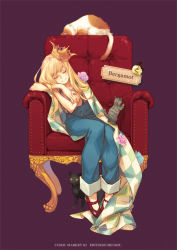 Rule 34 | 1girl, blanket, blonde hair, blue rose, cat, cover, cover page, crossed arms, crown, closed eyes, flower, head rest, long hair, mary janes, miyata souji, original, overalls, pants, pants rolled up, pink rose, rose, shoes, sitting, sleeping, smile, solo, throne