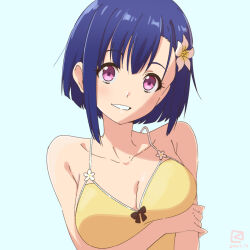Rule 34 | 1girl, bare shoulders, blue hair, bokutachi no remake, breasts, camisole, cleavage, flower, hair flower, hair ornament, highres, large breasts, looking at viewer, miyahara takuya, pink eyes, shino aki, short hair, single sidelock, smile, solo, upper body