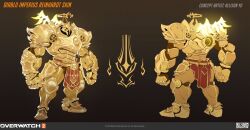 Rule 34 | 1boy, 2023, armor, artist name, clenched hands, commentary, concept art, copyright name, diablo, diablo (series), diablo 1, ebi draw, english commentary, english text, full body, gold armor, gold footwear, halo, helmet, highres, imperius, logo, official art, overwatch, overwatch 2, reinhardt (overwatch), simple background, wings