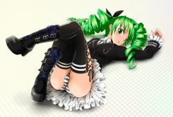 Rule 34 | 1girl, barokkusu, boots, cross-laced footwear, drill hair, green eyes, green hair, hatsune miku, himitsu keisatsu (vocaloid), lace-up boots, lying, matching hair/eyes, on back, panties, pantyshot, skirt, solo, striped clothes, striped panties, thighhighs, twin drills, underwear, upskirt, vocaloid