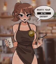 Rule 34 | 1girl, annoyed, apron, barista, black eyeliner, black eyes, black nails, blurry, blurry background, blush, breasts, brown apron, brown hair, censored text, commentary, cowboy shot, cup, disposable cup, english commentary, english text, eyeliner, fingernails, glasses, highres, holding, holding cup, holding pen, iced latte with breast milk (meme), julie powers, large breasts, long hair, looking at viewer, makeup, megrocks, meme, nail polish, naked apron, name tag, no bra, no panties, pen, profanity, rimless eyewear, round eyewear, scott pilgrim (series), scott pilgrim takes off, sideboob, solo, speech bubble, teeth, thighs, upper teeth only, w arms