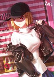 Rule 34 | 1girl, arcueid brunestud, artist name, baseball cap, black hat, black jacket, blonde hair, blue skirt, breasts, casual, closed mouth, commentary request, fingernails, hat, highres, jacket, jewelry, lips, long sleeves, looking away, looking to the side, medium breasts, nail polish, necktie, open clothes, open jacket, outdoors, pink nails, red eyes, removing jacket, shadow, short hair, skirt, smile, solo, sweater, tsukihime, tsukihime (remake), turtleneck, turtleneck sweater, twitter username, upper body, vampire, white sweater, zap