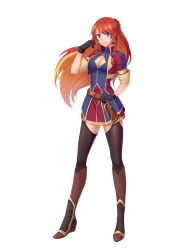 Rule 34 | 1girl, absurdres, black gloves, blue eyes, braid, breasts, cleavage, cleavage cutout, clothing cutout, full body, gloves, highres, long hair, medium breasts, multicolored hair, official art, orange hair, re:creators, red hair, selesia upitiria, smile, solo, standing, thighhighs, twin braids, two-tone hair