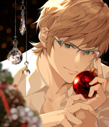 Rule 34 | 1boy, blurry, blurry background, blurry foreground, brown hair, christmas, christmas ornaments, collared shirt, crystal, final fantasy, final fantasy xv, glasses, green eyes, hair between eyes, hinoe (dd works), holding ornament, ignis scientia, looking at viewer, male focus, shirt, short hair, smile, solo, upper body, white shirt