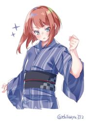 Rule 34 | 1girl, ark royal (kancolle), belt, blue eyes, blush, cropped torso, ebifurya, highres, japanese clothes, kantai collection, kimono, long sleeves, looking at viewer, one-hour drawing challenge, open mouth, red hair, short hair with long locks, simple background, solo, sparkle, twitter username, white background, yukata