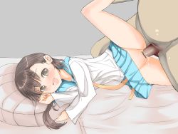 Rule 34 | 10s, 1boy, 1girl, akinonasi, bar censor, brown hair, censored, clothed female nude male, clothes lift, drooling, happy, happy sex, hetero, highres, leg lift, long hair, long sleeves, lying, nisekoi, no panties, nude, on side, onodera haru, open mouth, penis, pillow, pleated skirt, pointless censoring, pussy, pussy juice, saliva, school uniform, simple background, skirt, skirt lift, solo focus, spread legs