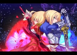 Rule 34 | 10s, 2girls, aestus estus, ahoge, armor, armored dress, artoria pendragon (all), artoria pendragon (fate), blonde hair, breasts, cleavage, dress, electricity, epaulettes, excalibur (fate/stay night), fate/extra, fate/stay night, fate (series), gauntlets, green eyes, hair ribbon, kyougoku touya, letterboxed, multiple girls, nero claudius (fate), nero claudius (fate), nero claudius (fate/extra), petals, ribbon, saber (fate), sword, type-moon, weapon