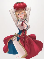 Rule 34 | 1girl, arched back, arms up, blonde hair, blue eyes, blush, bra, breasts, center opening, contrapposto, cropped legs, dress, dress shirt, hair between eyes, highres, holding, long dress, long sleeves, looking at viewer, medium breasts, medium hair, multicolored clothes, multicolored dress, neck ribbon, object on head, open mouth, original, osisio, pantyhose, ribbon, shirt, side slit, sidelocks, signature, simple background, smile, solo, tomato, underbust, underwear, wardrobe malfunction, white bra, white pantyhose, white shirt