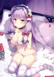 Rule 34 | 1girl, absurdres, bare arms, bare shoulders, bed, black choker, blue bow, book, bow, bra, breasts, choker, crescent, crescent hair ornament, flower, glasses, hair ornament, highres, indoors, long hair, looking at viewer, maid, maid headdress, medium breasts, miyase mahiro, navel, no shoes, panties, patchouli knowledge, petals, pillow, pink bra, pink flower, pink panties, purple eyes, purple hair, purple thighhighs, red bow, scan, seductive smile, shadow, side-tie panties, sitting, smile, solo, stomach, strap slip, striped clothes, striped thighhighs, thighhighs, touhou, underwear, underwear only, untied panties, unworn eyewear, wariza, white thighhighs, wrist cuffs