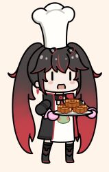 Rule 34 | 1girl, alternate costume, black footwear, black hair, black jacket, blush stickers, boots, chef hat, chibi, dress, food, full body, gloves, gradient hair, hat, highres, holding, holding food, jacket, long hair, long sleeves, lucia: plume (punishing: gray raven), lucia (punishing: gray raven), mid-autumn festival, mooncake, multicolored hair, open mouth, oven mitts, plate, punishing: gray raven, red hair, simple background, smile, solo, standing, thighhighs, twintails, very long hair, white dress, yibai