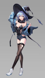 Rule 34 | 1girl, absurdres, black hat, black leotard, black thighhighs, blue eyes, blue hair, blue jacket, boots, breasts, cleavage, commentary, detached collar, full body, grey background, hand on headwear, hat, headphones, headphones around neck, highres, jacket, large breasts, leotard, long sleeves, looking at viewer, mac star, off shoulder, original, short hair, simple background, solo, strapless, strapless leotard, thighhighs, tongue, tongue out, torn clothes, torn thighhighs, white footwear, wide sleeves, witch hat