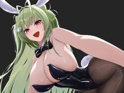 Rule 34 | 1girl, :d, animal ears, antenna hair, bent over, black bow, black bowtie, black leotard, blush, bowtie, breasts, brown pantyhose, detached collar, empty eyes, fake animal ears, fake tail, goddess of victory: nikke, green hair, heart antenna hair, highleg, highleg leotard, huge breasts, leotard, long hair, looking at viewer, mole, mole on breast, open mouth, pantyhose, pink eyes, playboy bunny, rabbit ears, rabbit tail, siyeong, smile, soda (nikke), soda (twinkling bunny) (nikke), solo, strapless, strapless leotard, tail, torn clothes, torn pantyhose, twintails