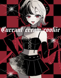 Rule 34 | 1girl, black skirt, character name, checkered background, choker, cookie run, crop top, currant cream cookie, english text, highres, humanization, looking at viewer, mamimumemo, miniskirt, multicolored hair, red eyes, shirt, short hair, skirt, sleeveless, sleeveless shirt, solo, spiked choker, spikes, tongue, tongue out, two-tone hair