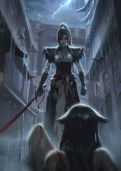Rule 34 | 2girls, akane sgail, architecture, black gloves, black hair, blood, blood on face, blood on clothes, brown eyes, closed mouth, cloud, cloudy sky, east asian architecture, facing viewer, feather trim, gloves, hair flaps, highres, holding, holding weapon, jewelry, katana, lightning, lips, long hair, lying, multiple girls, nude, on back, original, outdoors, pendant, ponytail, raikoart, rain, rope belt, sky, standing, sword, weapon