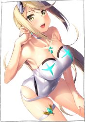 Rule 34 | 1girl, bare shoulders, blonde hair, blush, breasts, chest jewel, cleavage, collarbone, gem, highres, kei (soundcross), large breasts, long hair, looking at viewer, mythra (radiant beach) (xenoblade), mythra (xenoblade), nintendo, one-piece swimsuit, open mouth, simple background, smile, strapless, strapless one-piece swimsuit, swept bangs, swimsuit, thigh strap, tiara, xenoblade chronicles (series), xenoblade chronicles 2, yellow eyes