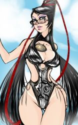 Rule 34 | 1girl, bayonetta, bayonetta (series), bayonetta 1, black hair, blue eyes, breasts, cloud, day, female focus, glasses, green eyes, large breasts, lips, long hair, one-piece swimsuit, outdoors, sky, solo, swimsuit, tan, tanline, thigh gap, thighs, very long hair, wide hips