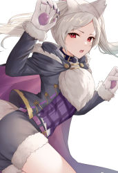 Rule 34 | 1girl, animal ear headwear, animal ears, animal hands, ass, belt, claws, cowboy shot, fake animal ears, fire emblem, fire emblem awakening, fire emblem heroes, fur trim, gloves, grey hair, grima (fire emblem), halloween costume, haru (nakajou-28), long hair, long sleeves, looking at viewer, nintendo, official alternate costume, paw gloves, paw pose, red eyes, robin (female) (fire emblem), robin (fire emblem), shorts, simple background, solo, twintails, white background, wolf ears