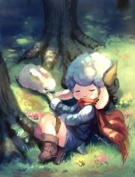 Rule 34 | 1boy, afro, animal ears, bad id, bad pixiv id, blue jacket, blue shorts, boots, brown footwear, rabbit, cape, closed mouth, commentary request, day, ear piercing, closed eyes, flower, grass, highres, horns, jacket, leg belt, long sleeves, lying, male focus, manino (mofuritaionaka), on side, original, outdoors, piercing, scenery, shorts, smile, tree, under tree