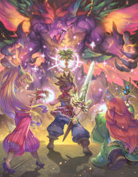 Rule 34 | 1boy, 1girl, 1other, anklet, ass, backless outfit, baggy pants, bangle, bare back, blonde hair, bracelet, bracer, breasts, brown hair, capelet, claws, dragon, dryad (seiken densetsu), faceoff, fangs, flipped hair, haccan, harem pants, headband, high heels, highres, holding, holding sword, holding weapon, jewelry, leotard, long hair, magic, mana dragon, multiple wings, muscular, official art, pants, pink leotard, pointy ears, pointy footwear, ponytail, popoi (seiken densetsu 2), primm (seiken densetsu 2), randi (seiken densetsu 2), red hair, robe, seiken densetsu, seiken densetsu 2, shoes, sideboob, size difference, small breasts, spiked hair, square enix, strapless, strapless leotard, sword, weapon, wings
