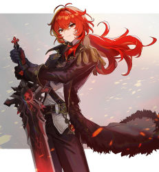 Rule 34 | 1boy, black coat, black gloves, black pants, closed mouth, coat, diluc (genshin impact), fur trim, genshin impact, gloves, half-closed eyes, hayama eishi, highres, holding, holding sword, holding weapon, long coat, long hair, long sleeves, looking at viewer, open clothes, open coat, pants, ponytail, red eyes, red hair, smile, sword, trench coat, weapon