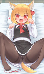 Rule 34 | 1girl, :d, absurdres, animal collar, animal ears, black skirt, blonde hair, blush, brown pantyhose, collar, dog ears, dog girl, dog tail, fang, hair ribbon, harunoha, heart, highres, kemonomimi mode, leash, long sleeves, looking at viewer, lying, m legs, necktie, no shoes, on back, on bed, open mouth, orange eyes, panties, panties under pantyhose, pantyhose, paw pose, pillow, red necktie, ribbon, rumia, shirt, short hair, skin fang, skirt, smile, solo, tail, toes, touhou, underwear, white panties, white shirt