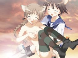Rule 34 | 2girls, animal ears, blush, braid, braided ponytail, breasts, brown hair, carrying, cat ears, cat tail, closed eyes, dog ears, dog tail, flying, large breasts, long hair, lynette bishop, miyafuji yoshika, multiple girls, nagase yutaka, nipples, nude, outdoors, ponytail, princess carry, pussy, pussy juice, short hair, strike witches, striped legwear, tail, thighhighs, world witches series, yuri