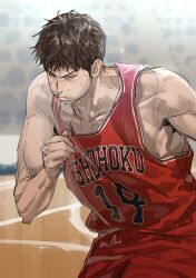 Rule 34 | 1boy, absurdres, basketball court, basketball jersey, basketball uniform, blurry, blurry background, brown hair, chamuring, cheek bulge, closed eyes, closed mouth, highres, korean commentary, male focus, mitsui hisashi, red shirt, shirt, short hair, slam dunk (series), sleeveless, sleeveless shirt, solo, sportswear, sweat