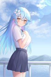 Rule 34 | 1girl, absurdres, ahoge, alternate costume, black skirt, blue hair, blue sky, blush, braid, breasts, closed mouth, cloud, colored inner hair, colored tips, cowboy shot, day, elf, flower, hair between eyes, hair flower, hair ornament, heart, heart ahoge, highres, hololive, lake, landscape, large breasts, lens flare, long hair, looking at viewer, mountain, mountainous horizon, multicolored hair, onabe no shime, outdoors, pink hair, pointy ears, revision, scenery, shirt, skirt, sky, smile, solo, standing, streaked hair, virtual youtuber, white shirt, yellow eyes, yukihana lamy