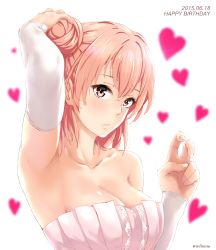 Rule 34 | 10s, 1girl, adjusting hair, arm up, arm warmers, armpits, artist name, bare shoulders, blush, breasts, brown eyes, cleavage, collarbone, dated, detached sleeves, dress, female focus, hair bun, hand in own hair, happy birthday, heart, highres, infinote, large breasts, looking at viewer, neck, orange hair, pink dress, pink hair, short hair, simple background, single hair bun, solo, strapless, strapless dress, twitter username, upper body, v, white background, yahari ore no seishun lovecome wa machigatteiru., yuigahama yui