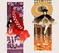 Rule 34 | 2girls, architecture, autumn leaves, back, bare legs, black eyes, black hair, bow, cherry blossoms, double bun, east asian architecture, fish costume, flower, frills, geta, hair bow, hair bun, holding, holding umbrella, japanese clothes, kimono, kneepits, leaf, legs together, long hair, looking at viewer, looking back, maple leaf, multiple girls, obi, oil-paper umbrella, original, petals, platform footwear, purimari, red bow, red eyes, sash, short kimono, sidelocks, sitting, sleeping, sliding doors, smile, spread legs, stairs, standing, umbrella, water, wide sleeves, yukata