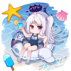 Rule 34 | 1girl, ahoge, bare arms, bare legs, bare shoulders, barefoot, blue archive, blue one-piece swimsuit, chibi, cocktail umbrella, commentary request, covered navel, cup, drinking glass, english text, food, full body, grey hair, hair ornament, hairclip, halo, hina (blue archive), hina (swimsuit) (blue archive), holding, holding cup, ice cream, innertube, kokuhanejbmz, long hair, low wings, one-piece swimsuit, one side up, parted bangs, purple eyes, purple wings, school swimsuit, seashell, shell, solo, starfish, swim ring, swimsuit, translation request, very long hair, water, whistle, whistle around neck, wings