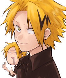 Rule 34 | 10s, 1boy, a mane, bad id, bad pixiv id, blonde hair, boku no hero academia, drooling, dual persona, kaminari denki, looking at viewer, male focus, multicolored hair, simple background, smile, thumbs up, upper body, white background, yellow eyes, yoshitaro (almendra)
