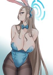 Rule 34 | 1girl, absurdres, arms behind back, asuna (blue archive), asuna (bunny) (blue archive), blue archive, blue leotard, bow, bowtie, breasts, grey hair, highres, large breasts, leotard, pantyhose, playboy bunny, pointy breasts, solo, teasugarr, thighs, traditional bowtie, white background