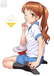 Rule 34 | 1girl, ;o, baseball cap, black socks, blue shorts, blush, brown eyes, feet, finger to mouth, from side, hands on feet, hat, index finger raised, kneehighs, long hair, looking at viewer, looking to the side, no shoes, one eye closed, orange hair, original, pairan, parted lips, ponytail, red hat, shirt, short sleeves, shorts, shushing, simple background, sitting, socks, soles, solo, unworn hat, unworn headwear, wariza, white background, white shirt