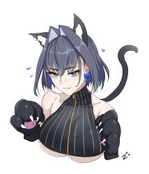 Rule 34 | 1girl, animal ear fluff, animal ears, animal hands, blue eyes, blue hair, breasts, cat ears, cat paws, cat tail, fang, hair intakes, heart, highres, hololive, hololive english, large breasts, looking at viewer, ouro kronii, ouro kronii (1st costume), ribbon earrings, simple background, solo, tail, underboob, virtual youtuber, white background, zenya