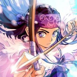 Rule 34 | 1girl, aiming, aiming at viewer, ainu, ainu clothes, arrow (projectile), artist name, asirpa, bandana, blurry, bow (weapon), cape, closed mouth, commentary, depth of field, earrings, english commentary, expressionless, floating hair, fur cape, glint, golden kamuy, holding, holding bow (weapon), holding weapon, hoop earrings, jewelry, long hair, looking at viewer, painttool sai (medium), purple bandana, purple eyes, purple hair, solo, upper body, weapon, zzyzzyy