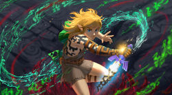 Rule 34 | 1boy, archaic set (zelda), blonde hair, blue eyes, body writing, commentary, fantasy, glowing, holding, holding weapon, jasqreate, link, looking at viewer, magic, male focus, master sword, nintendo, pointy ears, ruins, standing, standing on one leg, symbol-only commentary, tattoo, the legend of zelda, the legend of zelda: breath of the wild, the legend of zelda: tears of the kingdom, weapon