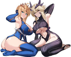 Rule 34 | 2girls, absurdres, ahoge, arm behind head, arm up, armpits, artoria pendragon (fate), artoria pendragon (lancer) (fate), artoria pendragon (lancer alter) (fate), ass, bare shoulders, black bodysuit, blonde hair, blue gloves, blue leotard, blue thighhighs, bodysuit, braid, breasts, center opening, cleavage, cleavage cutout, clothing cutout, crown, delfin59, dual persona, elbow gloves, fate/grand order, fate (series), female focus, french braid, gloves, green eyes, hair between eyes, highleg, highleg leotard, highres, horns, large breasts, leotard, long hair, looking at viewer, multiple girls, navel, revealing clothes, ribbed bodysuit, sidelocks, sitting, thighhighs, thong, thong leotard, underboob, underbust, wariza, yellow eyes