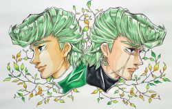 Rule 34 | aoi saturday, black shirt, branch, brown eyes, dual persona, earrings, green hair, green jacket, highres, jacket, jewelry, male focus, marker (medium), pompadour, portrait, scar, scar across eye, scar on face, serious, shirt, smile, teppei (toriko), thick eyebrows, toriko (series), traditional media