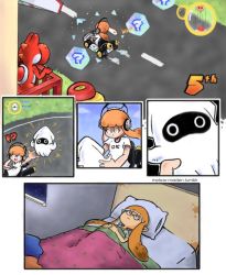 Rule 34 | !?, 1girl, :|, bed, blanket, blooper (mario), closed mouth, comic, driving, gameplay mechanics, go-kart, headphones, holding, inkling, inkling girl, inkling player character, item box (mario), left-to-right manga, lying, mario (series), mario kart, mario kart 8, meteor maiden, nintendo, pillow, pointy ears, racing, riding, road, silent comic, splatoon (series), splatoon 1, squid, tentacles, thinking, under covers, watermark, web address, yoshi