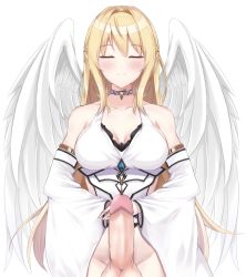 Rule 34 | 1girl, absurdres, angel, angel wings, bare shoulders, blonde hair, blush, choker, closed eyes, closed mouth, collarbone, commentary, detached sleeves, dinosaurus (azimangasaurus), english commentary, erection, existence, facing viewer, feathered wings, futanari, game cg, gem, highres, light smile, male-female symbol, penis, rhea (existence), simple background, solo, standing, testicles, uncensored, white background, white sleeves, white wings, wings