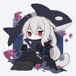 Rule 34 | 1girl, arknights, black footwear, black jacket, black pantyhose, blush stickers, boots, chibi, closed mouth, commentary request, full body, grey hair, hair between eyes, highres, holding, holding stuffed toy, jacket, long hair, looking at viewer, low-tied long hair, pantyhose, red eyes, short eyebrows, sitting, skadi (arknights), skadi (elite ii) (arknights), solo, someyaya, stuffed animal, stuffed toy, thick eyebrows