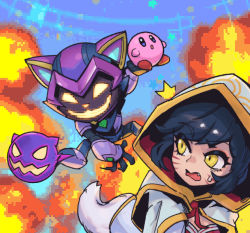 Rule 34 | 1boy, 1girl, ^^^, ahri (league of legends), android, battle boss ziggs, black gloves, black hair, bomb, character request, commentary, explosion, explosive, fang, fox tail, full body, gloves, grin, holding, hood, hood up, kirby, kirby (series), league of legends, nintendo, open mouth, phantom ix row, smile, symbol-only commentary, tail, teeth, upper body, whiskers, yellow eyes, yordle, ziggs
