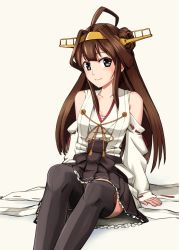Rule 34 | 10s, 1girl, ahoge, bad id, bad pixiv id, black thighhighs, boots, breasts, brown eyes, brown hair, collarbone, cowboy shot, headgear, kantai collection, kongou (kancolle), light smile, long hair, looking at viewer, miniskirt, monsuu (hoffman), nontraditional miko, pleated skirt, ribbon-trimmed sleeves, ribbon trim, sarashi, simple background, sitting, skirt, small breasts, solo, thigh boots, thighhighs, white background, zettai ryouiki