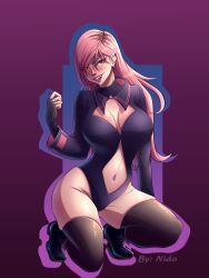 Rule 34 | 1girl, affternido, arm at side, artist name, black gloves, black leotard, black sailor collar, black thighhighs, blue footwear, blush, boots, breasts, cleavage, cleavage cutout, clothing cutout, ear piercing, eyebrows, eyelashes, female focus, fingerless gloves, full body, gloves, gradient background, hand up, highleg, highleg leotard, indie virtual youtuber, large breasts, leotard, lips, long hair, long sleeves, looking afar, looking to the side, navel, navel cutout, nene efthy, nose, open mouth, piercing, pink hair, pink sailor collar, purple background, sailor collar, simple background, smug, solo, squatting, teeth, thighhighs, thighs, two-tone sailor collar, upper teeth only, virtual youtuber, wide hips, yellow eyes