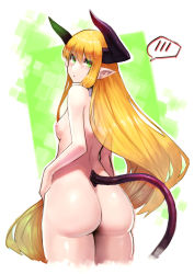 Rule 34 | 1girl, absurdres, ass, bad id, bad pixiv id, blonde hair, breasts, demon girl, demon tail, doku-chan (dokkudokudoku), green eyes, hand on own hip, highres, horns, long hair, looking at viewer, looking back, nipples, nude, original, pointy ears, small breasts, solo, tail, very long hair